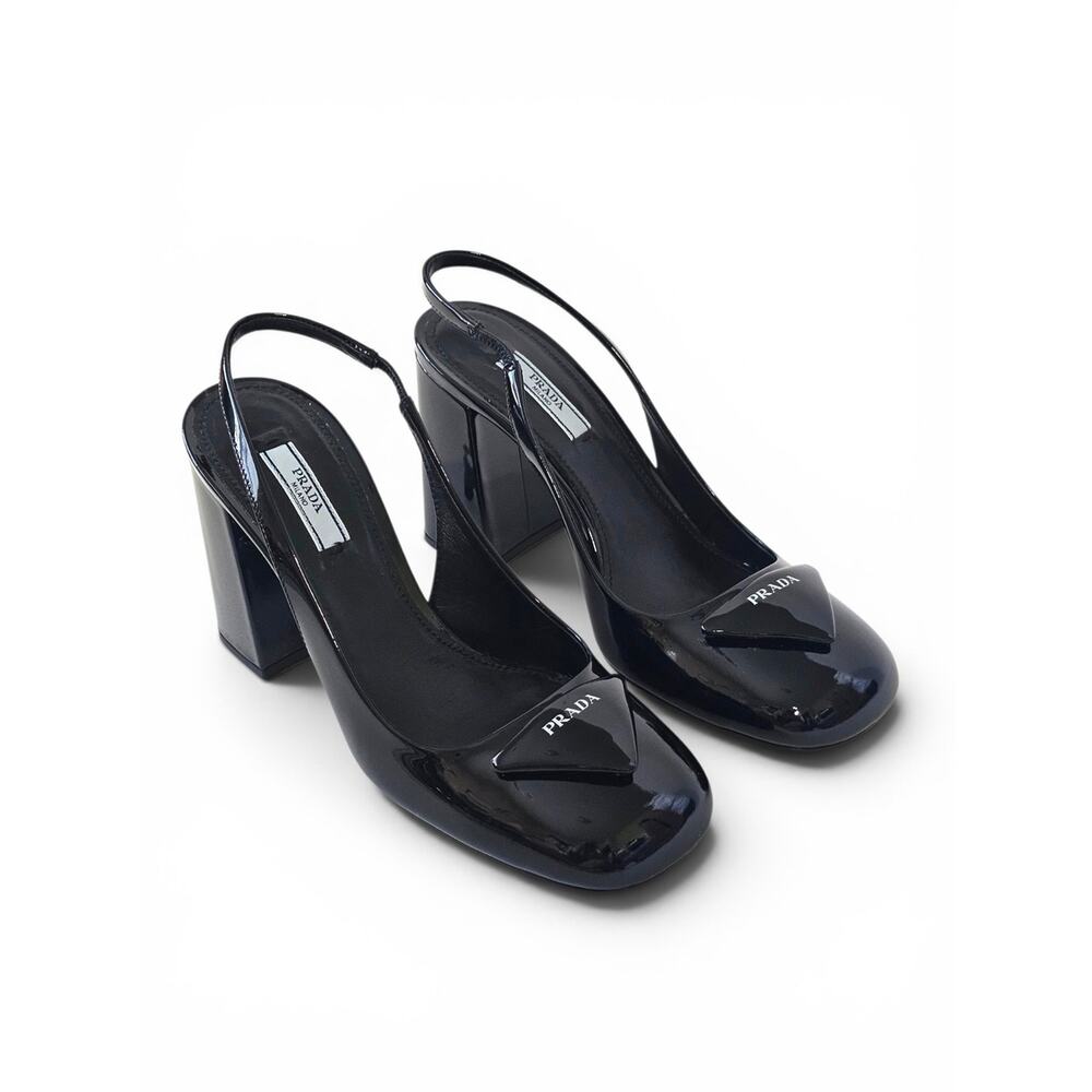 Prada Vernice Black Patent Leather Slingback Block Heel Pumps Triangle Logo 38 - Picture 4 of 11